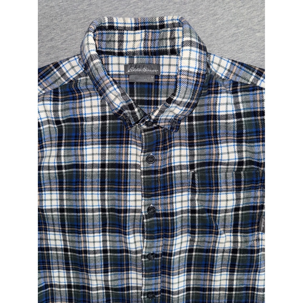 Eddie Bauer Mens Blue Plaid Flannel Shirt Size Medium Lumberjack Outdoors Soft